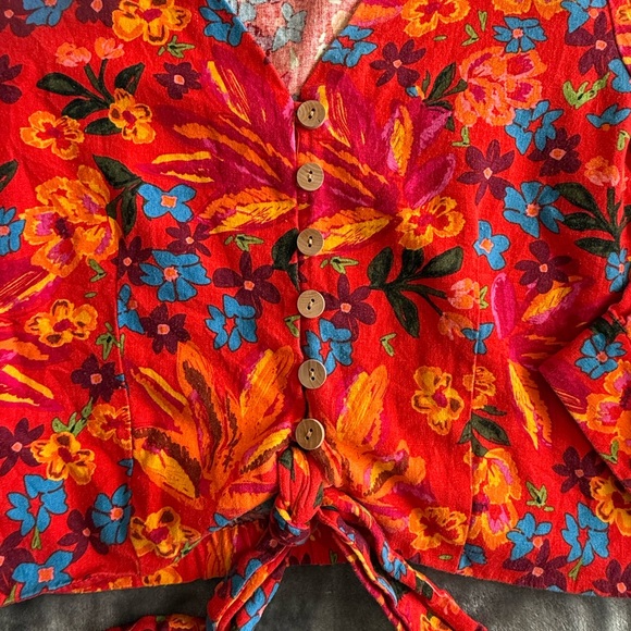 Anthropologie Maison d'Amelie Linen Blend Floral Tie-Front Blouse Size M Red EUC - Picture 3 of 10